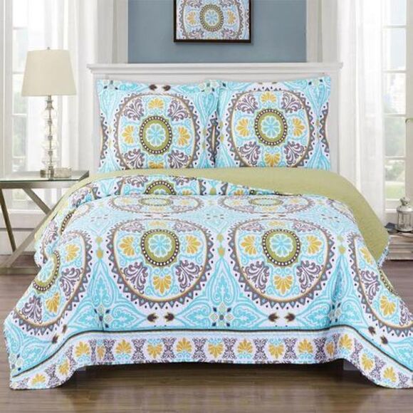 Farmhouse BOHO Medallion Floral Printed QUEEN Quilt Set Cottagecore Bedding